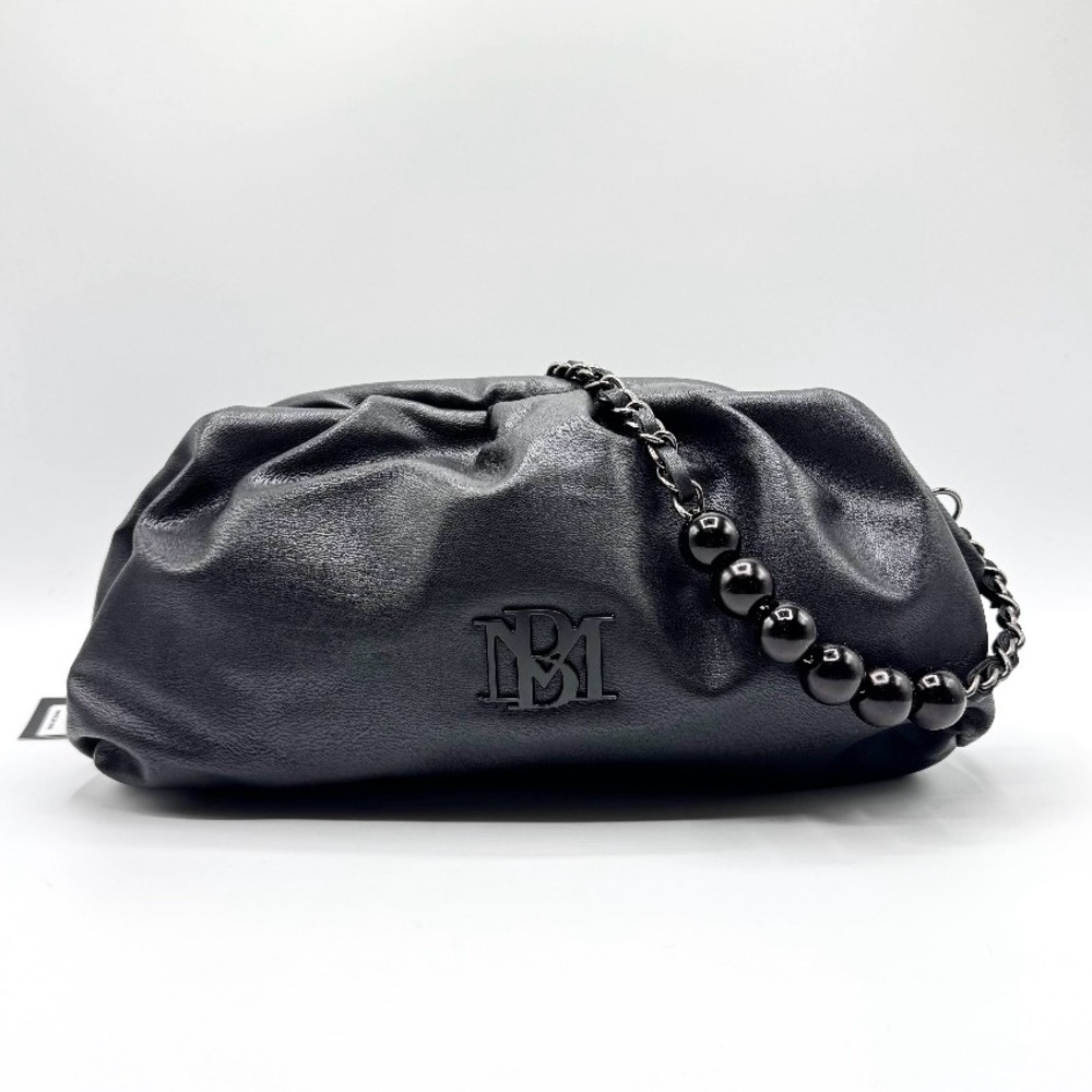 Badgley Mischka Black Ruched Vegan Leather Clutch with Gunmetal-tone Chain Logo